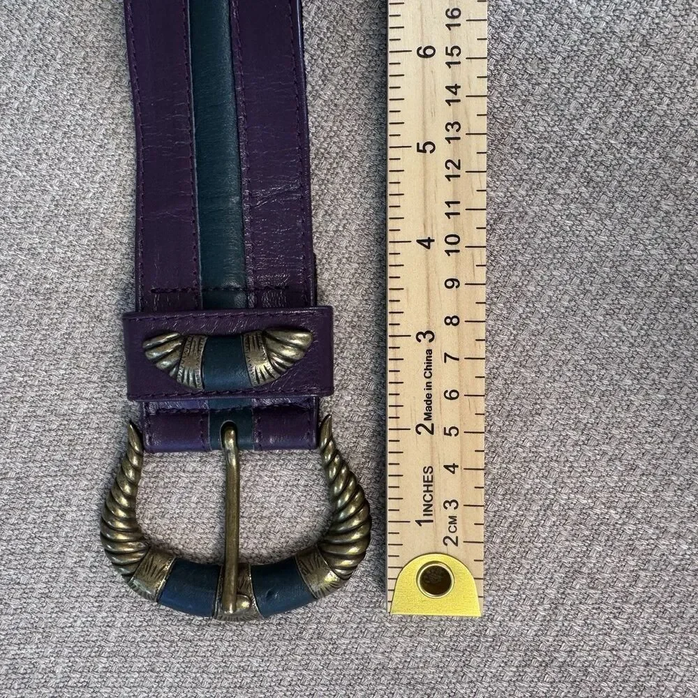 Vintage Geiger Wide Leather Belt Large Gold Buckle Sz S Purple Green Retro 550